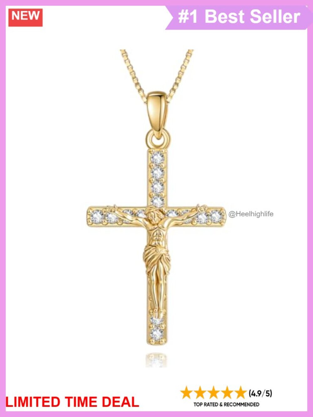 14K Gold Plated Cross Necklace with Cubic Zirconia, 20+2 Inch Box Chain